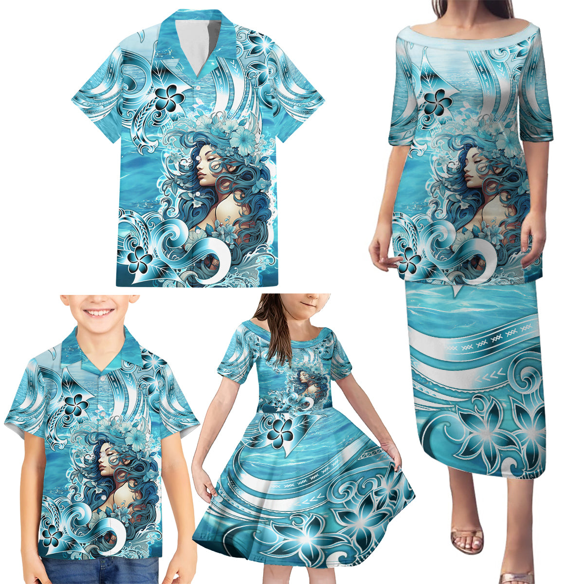 Hawaii Namaka Goddess Of The Sea Family Matching Puletasi and Hawaiian Shirt Polynesian Style LT05 - Polynesian Pride