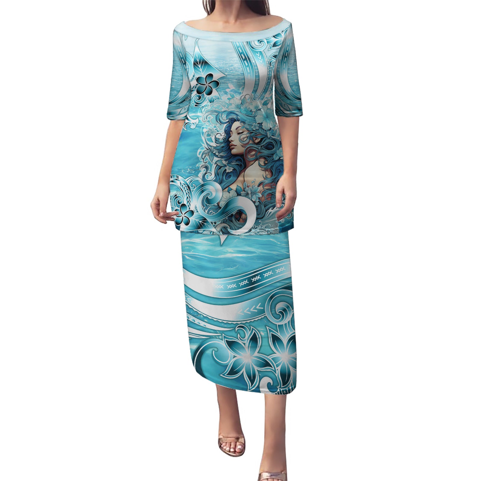 Hawaii Namaka Goddess Of The Sea Puletasi Polynesian Style LT05 Long Dress Turquoise - Polynesian Pride