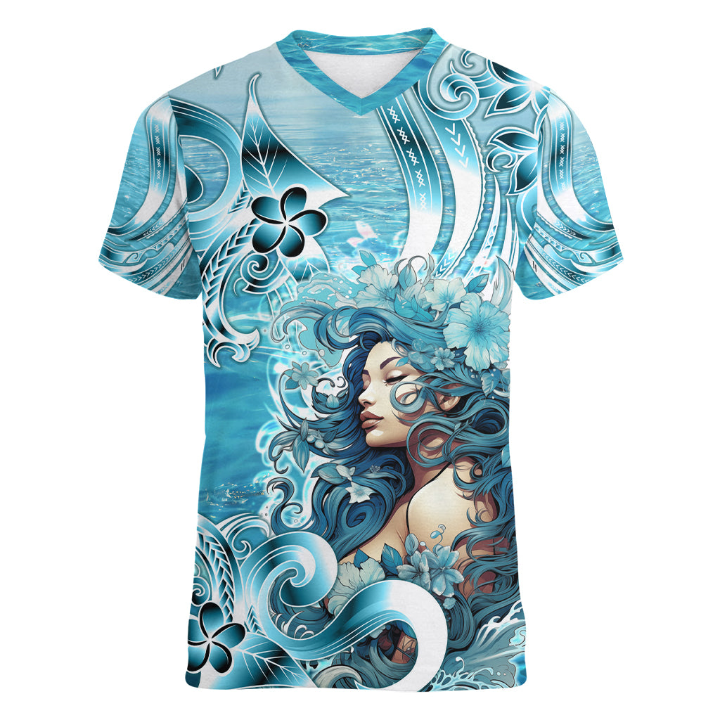 Hawaii Namaka Goddess Of The Sea Women V Neck T Shirt Polynesian Style LT05 Female Turquoise - Polynesian Pride