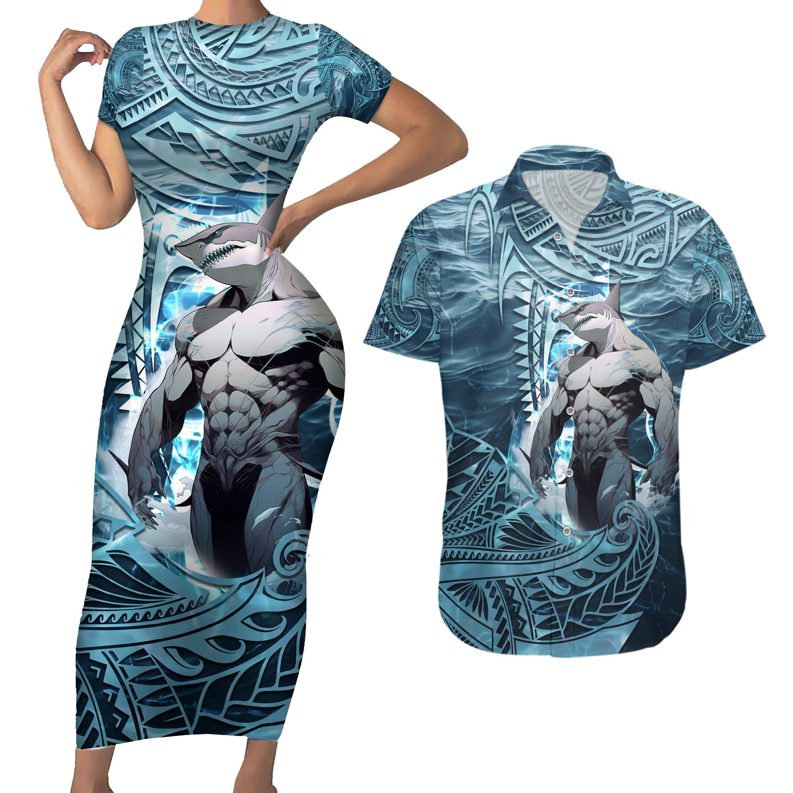 Hawaiian Shark God Kamohoalii Couples Matching Short Sleeve Bodycon Dress and Hawaiian Shirt Polynesian Style LT05 Blue - Polynesian Pride