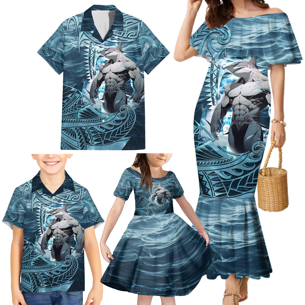 Hawaiian Shark God Kamohoalii Family Matching Mermaid Dress and Hawaiian Shirt Polynesian Style LT05 - Polynesian Pride