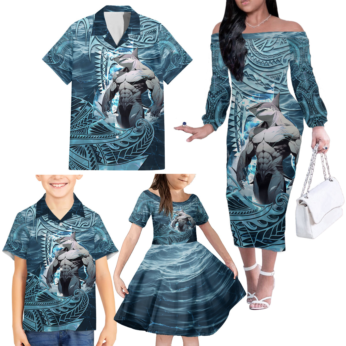 Hawaiian Shark God Kamohoalii Family Matching Off Shoulder Long Sleeve Dress and Hawaiian Shirt Polynesian Style LT05 - Polynesian Pride