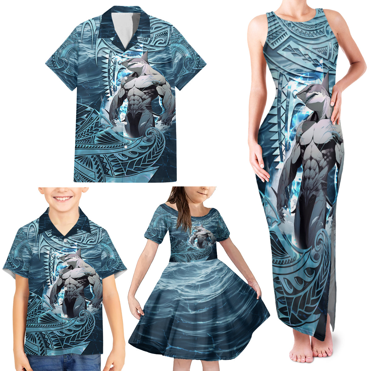 Hawaiian Shark God Kamohoalii Family Matching Tank Maxi Dress and Hawaiian Shirt Polynesian Style LT05 - Polynesian Pride