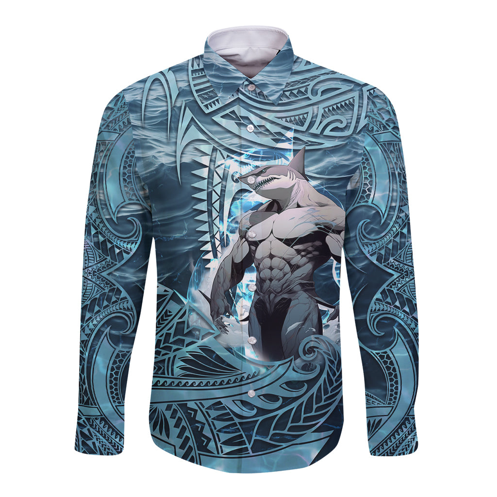Hawaiian Shark God Kamohoalii Long Sleeve Button Shirt Polynesian Style LT05 Unisex Blue - Polynesian Pride