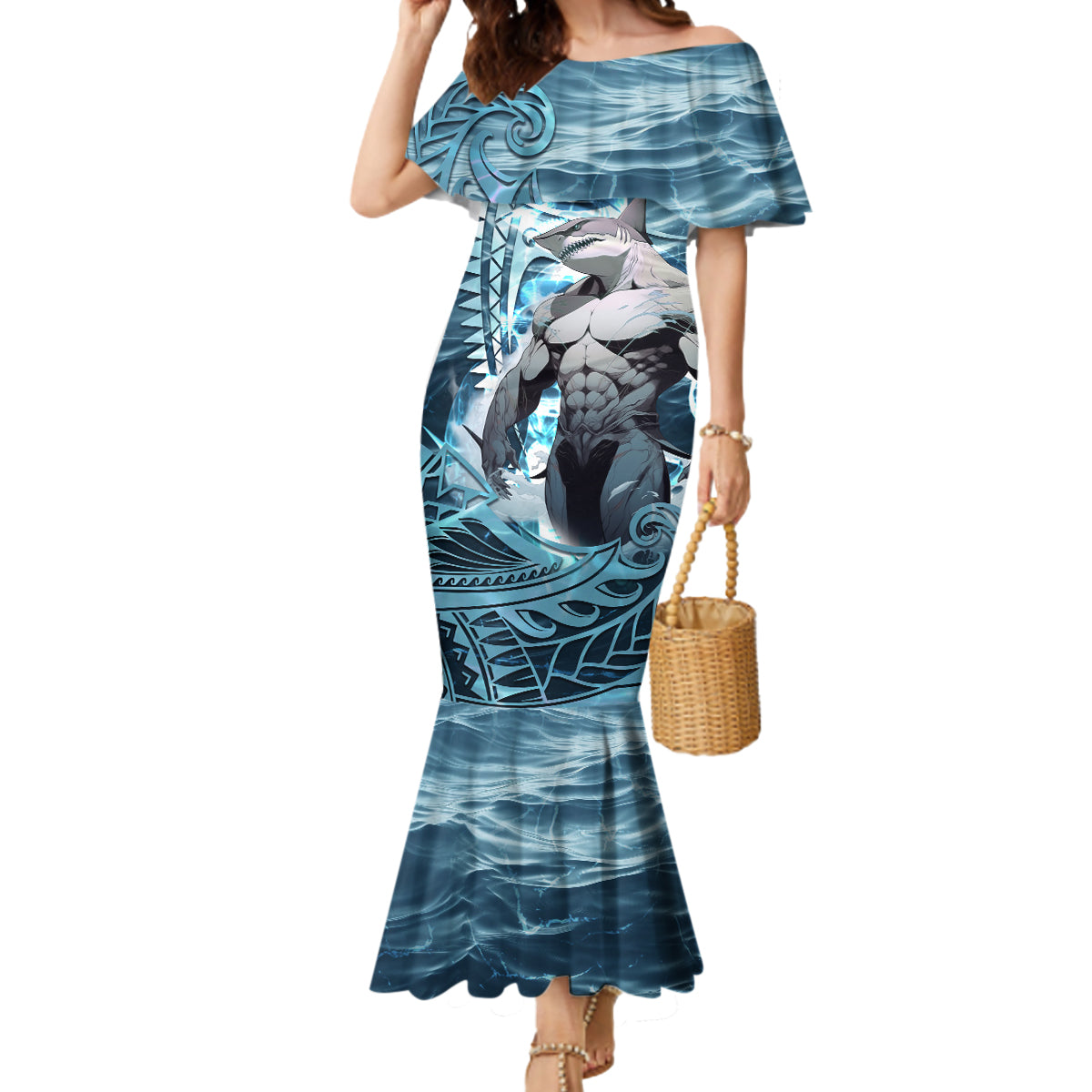 Hawaiian Shark God Kamohoalii Mermaid Dress Polynesian Style LT05 Women Blue - Polynesian Pride