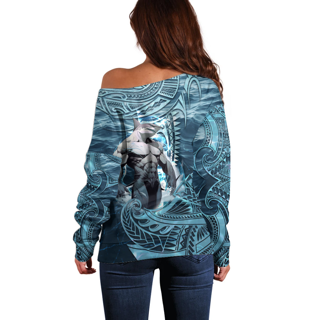 Hawaiian Shark God Kamohoalii Off Shoulder Sweater Polynesian Style LT05 - Polynesian Pride