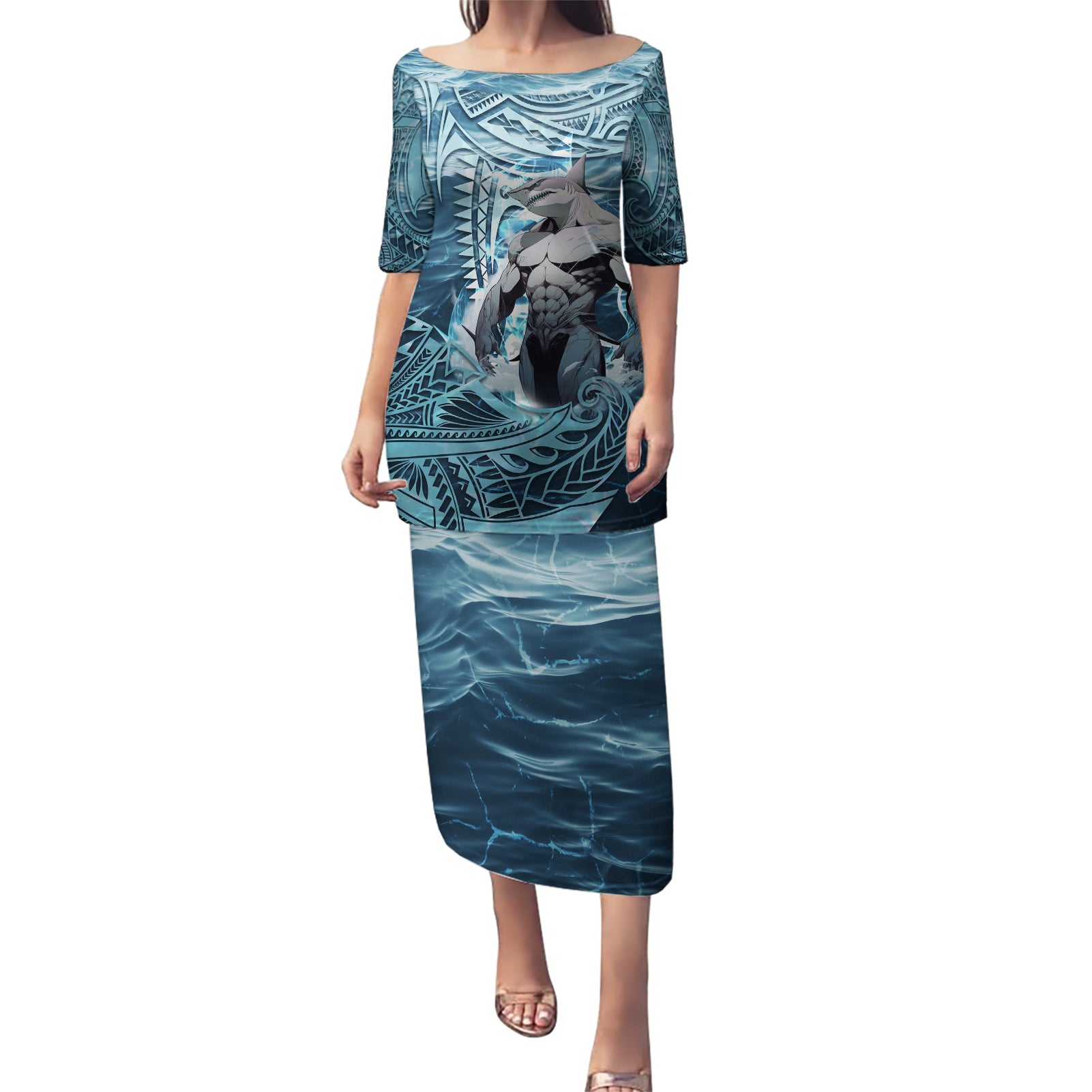 Hawaiian Shark God Kamohoalii Puletasi Polynesian Style LT05 Long Dress Blue - Polynesian Pride