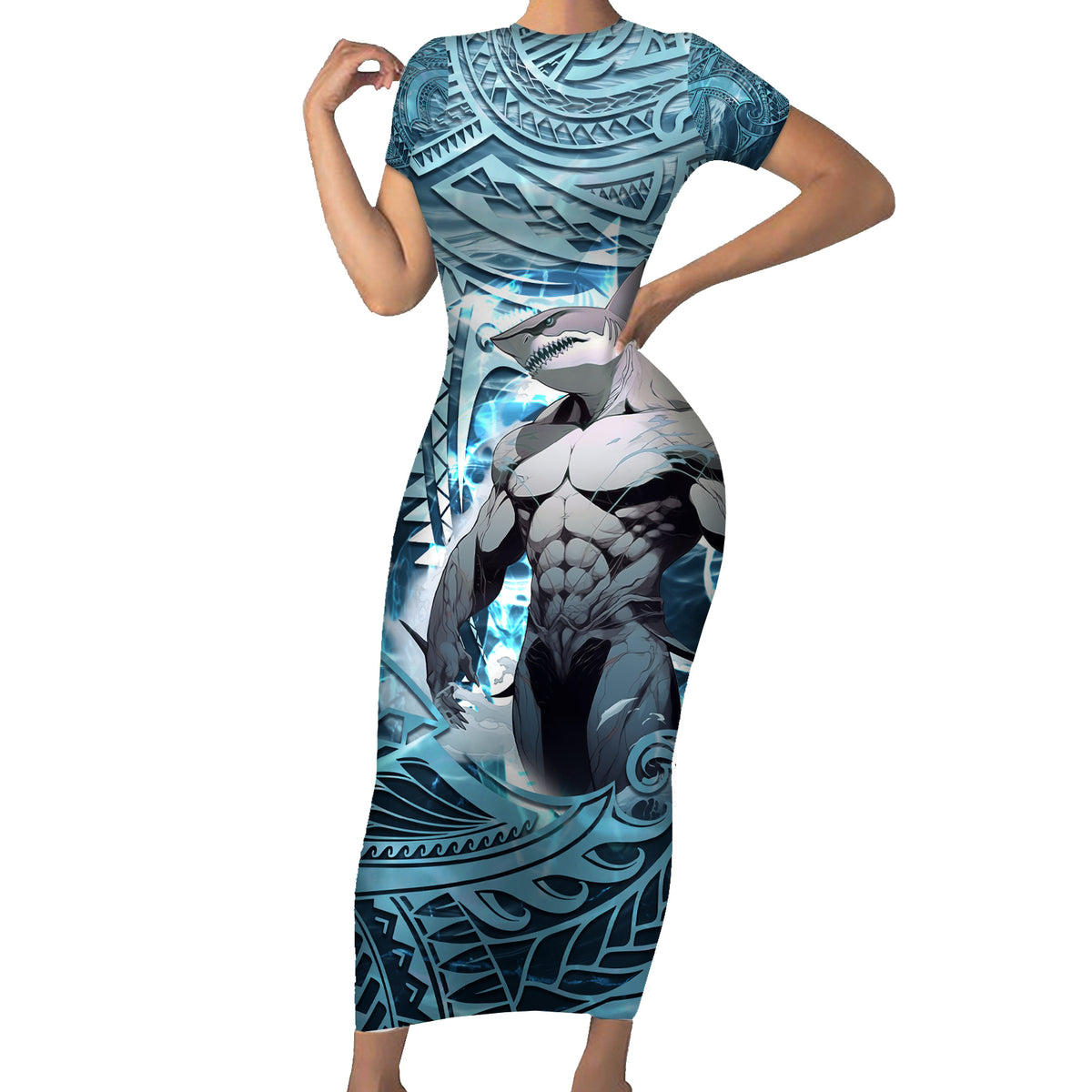 Hawaiian Shark God Kamohoalii Short Sleeve Bodycon Dress Polynesian Style LT05 Long Dress Blue - Polynesian Pride
