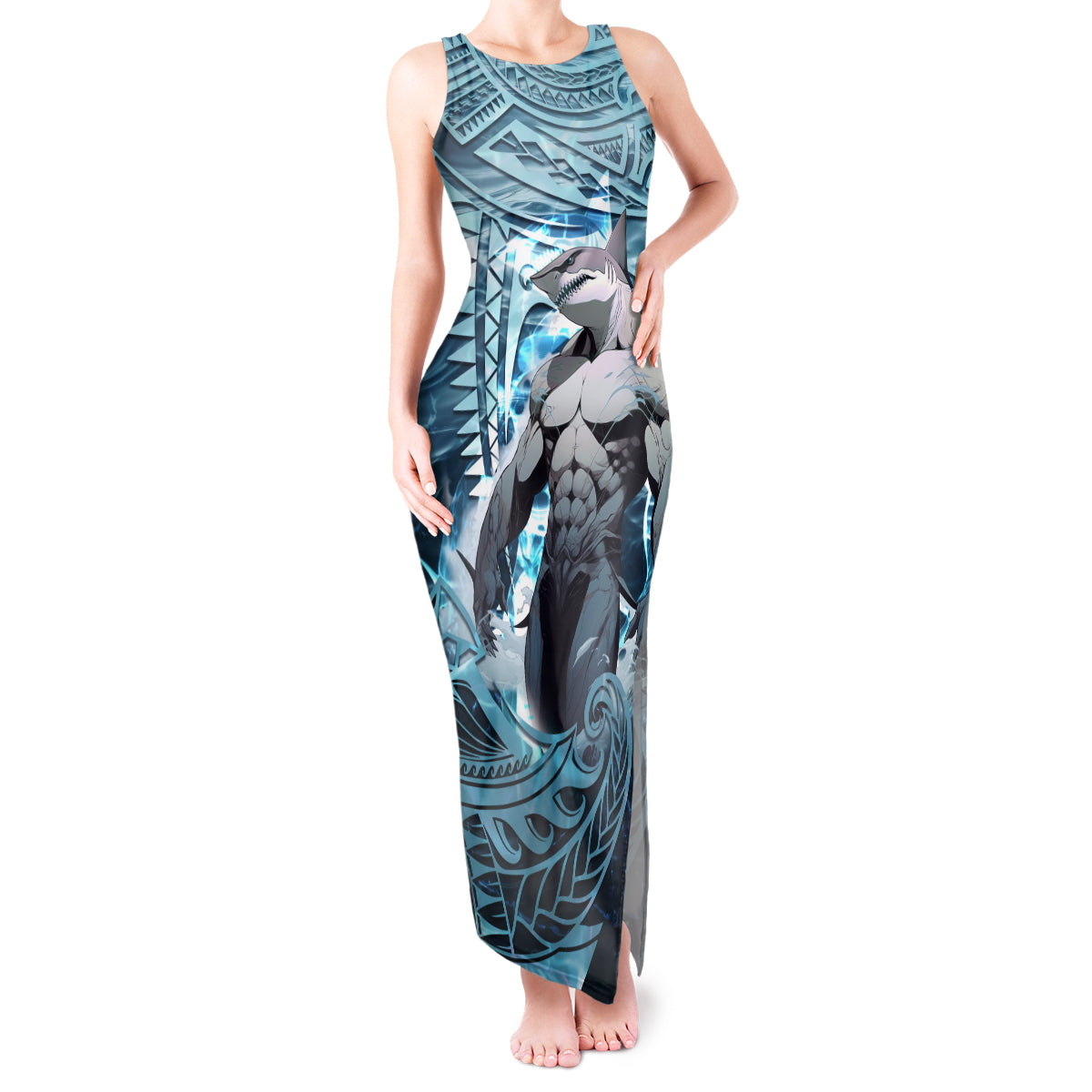 Hawaiian Shark God Kamohoalii Tank Maxi Dress Polynesian Style LT05 Women Blue - Polynesian Pride