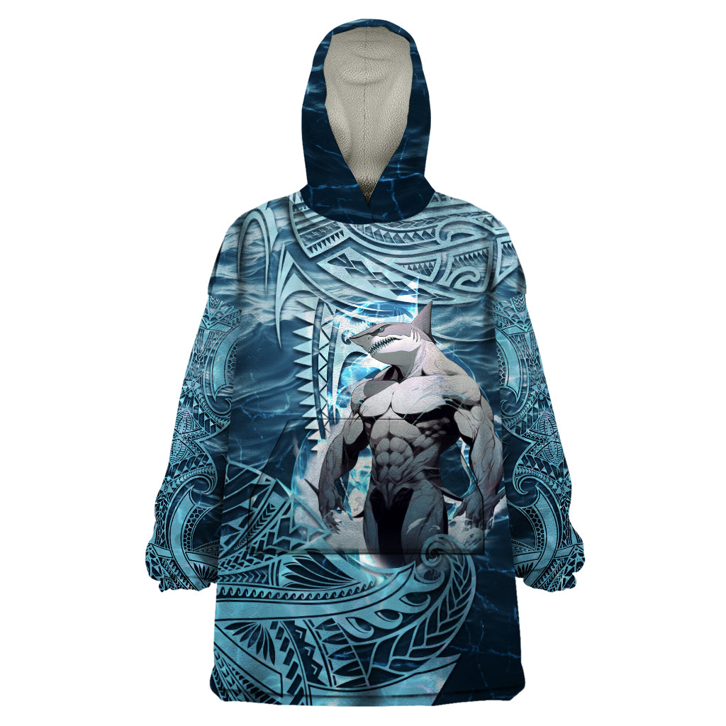 Hawaiian Shark God Kamohoalii Wearable Blanket Hoodie Polynesian Style LT05 One Size Blue - Polynesian Pride