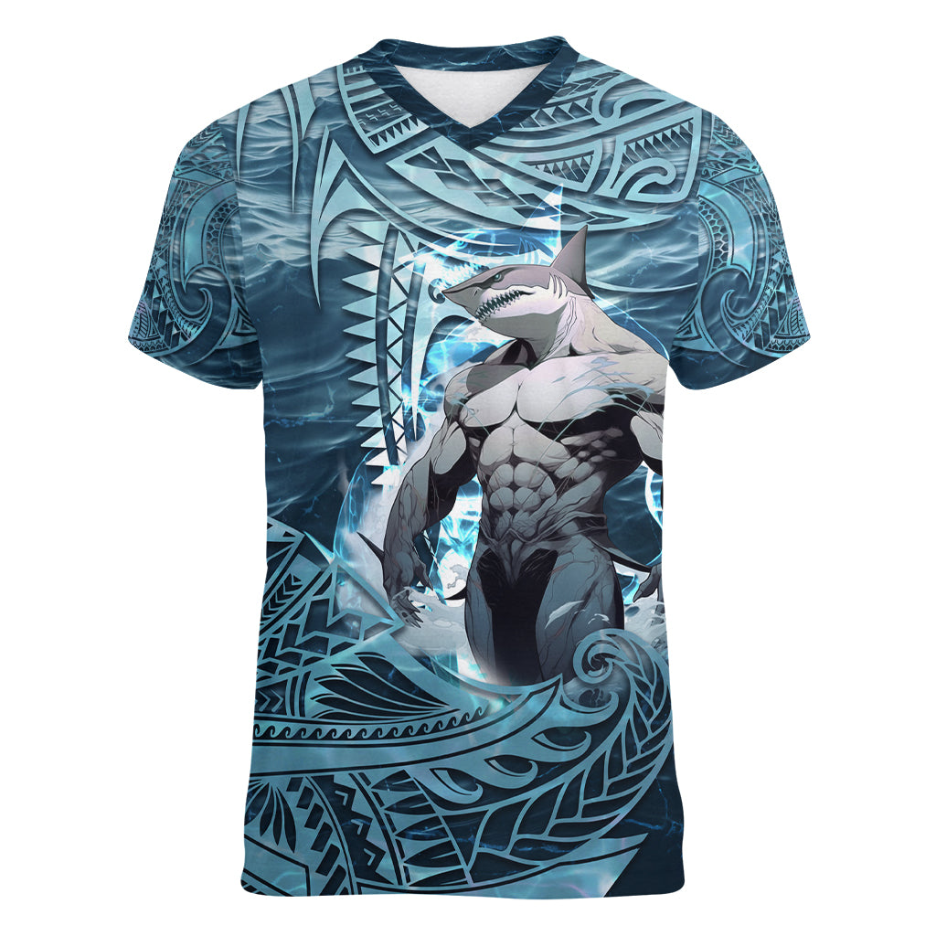 Hawaiian Shark God Kamohoalii Women V Neck T Shirt Polynesian Style LT05 Female Blue - Polynesian Pride