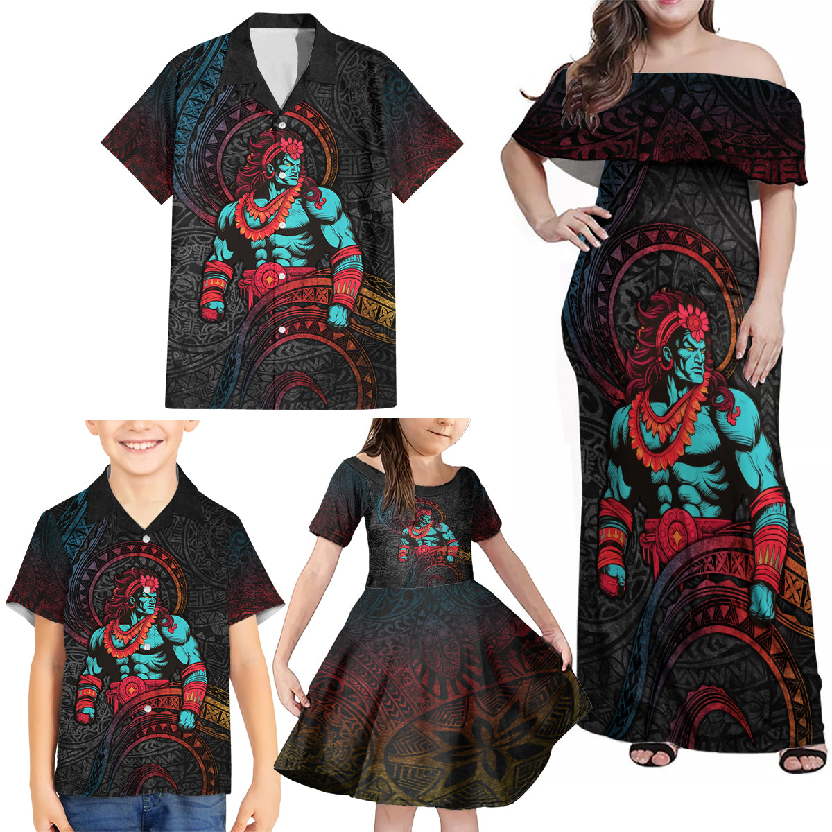 Hawaiian Demigod Maui Family Matching Off Shoulder Maxi Dress and Hawaiian Shirt Polynesian Mythology LT05 - Polynesian Pride