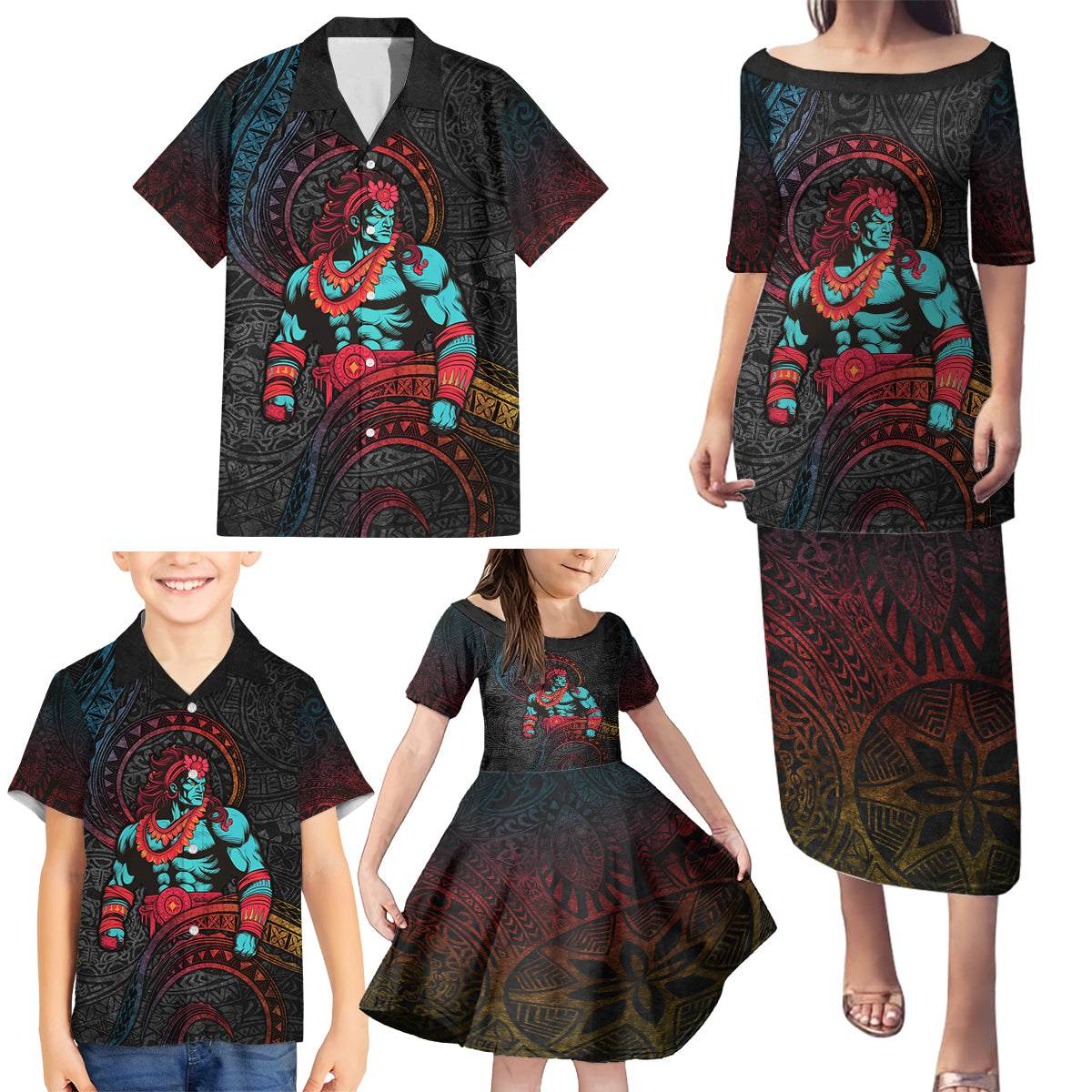 Hawaiian Demigod Maui Family Matching Puletasi and Hawaiian Shirt Polynesian Mythology LT05 - Polynesian Pride