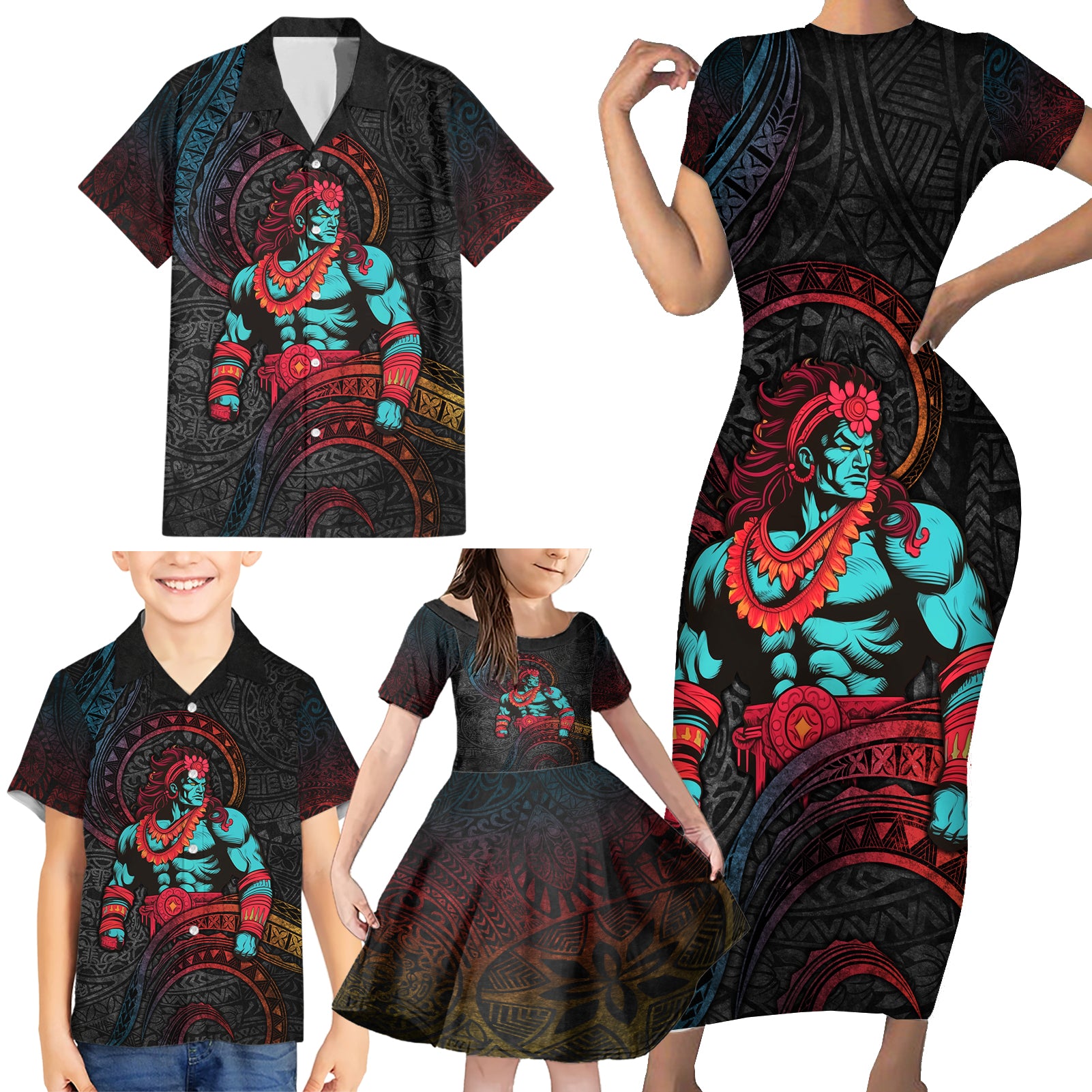 Hawaiian Demigod Maui Family Matching Short Sleeve Bodycon Dress and Hawaiian Shirt Polynesian Mythology LT05 - Polynesian Pride