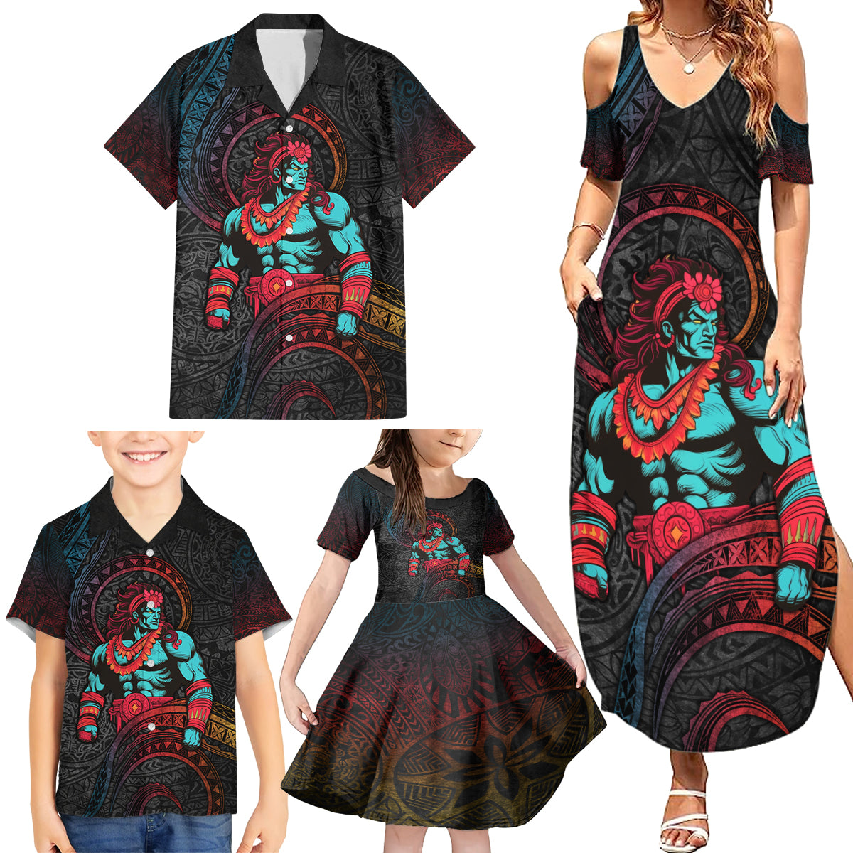 Hawaiian Demigod Maui Family Matching Summer Maxi Dress and Hawaiian Shirt Polynesian Mythology LT05 - Polynesian Pride