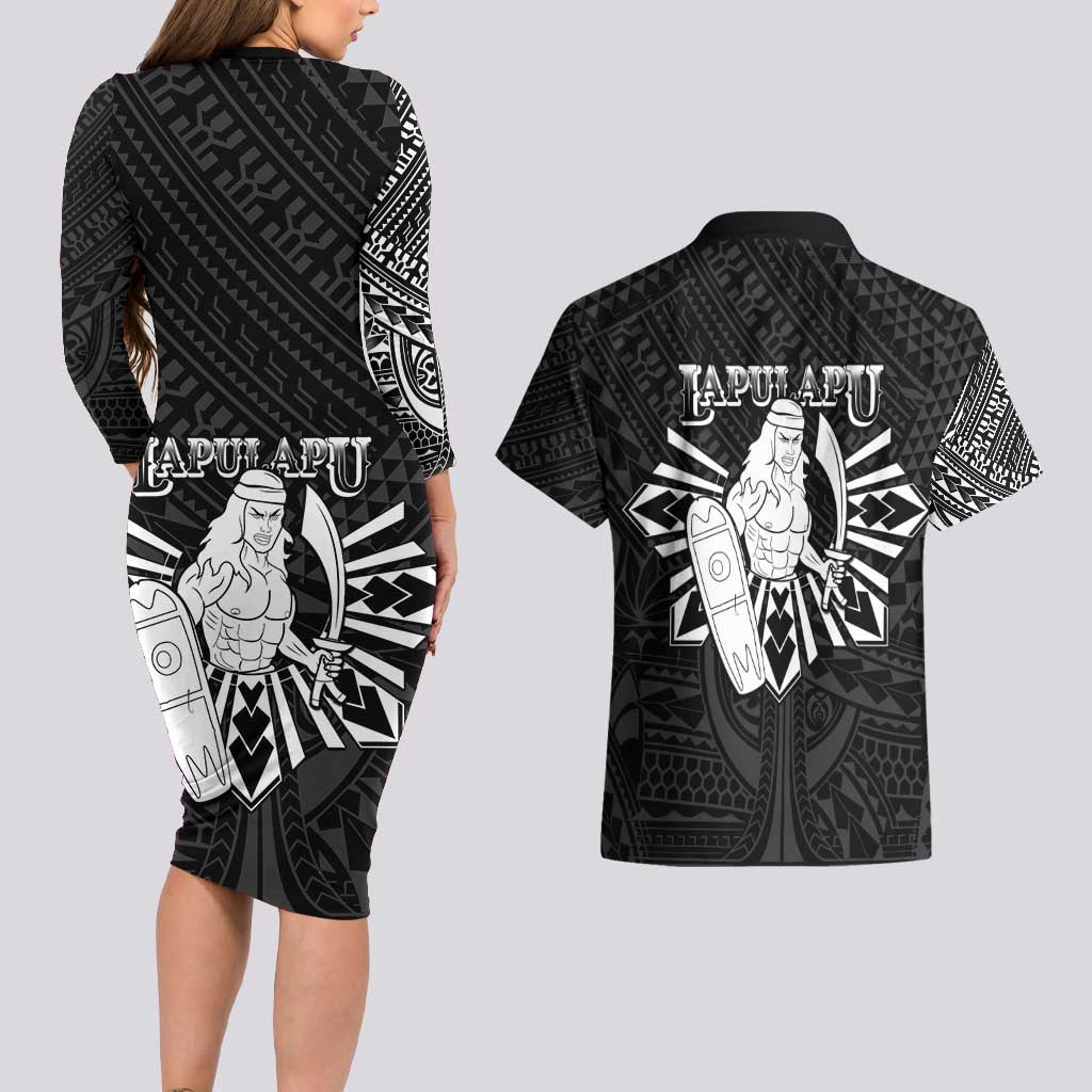 Philippines Tribal Couples Matching Long Sleeve Bodycon Dress and Hawaiian Shirt King Lapu Lapu Black Version