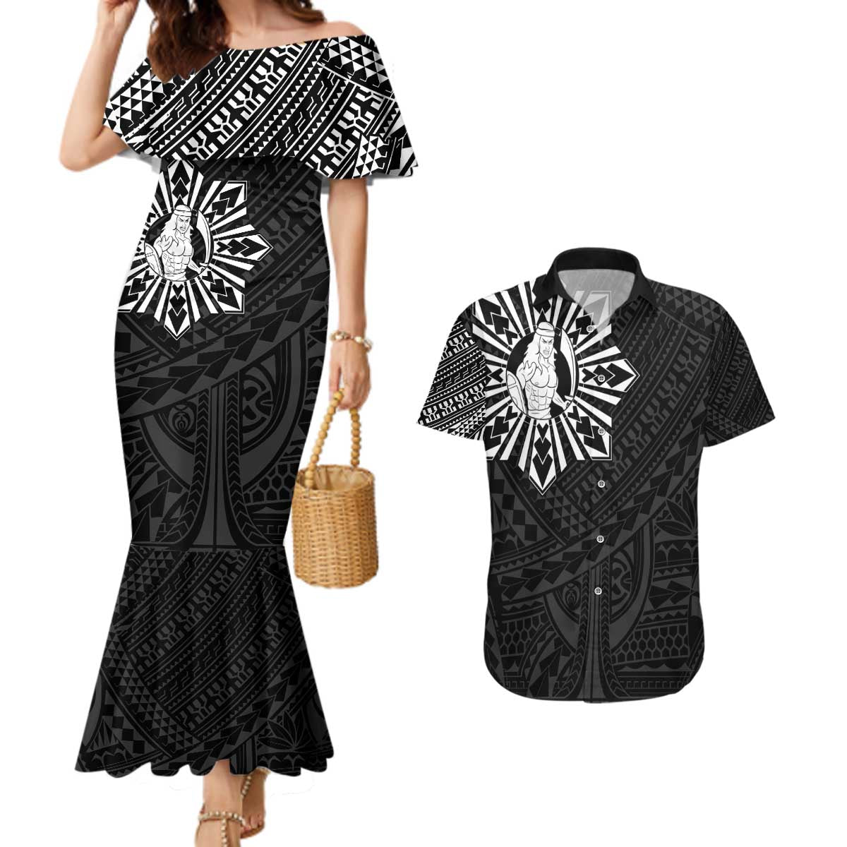 Philippines Tribal Couples Matching Mermaid Dress and Hawaiian Shirt King Lapu Lapu Black Version