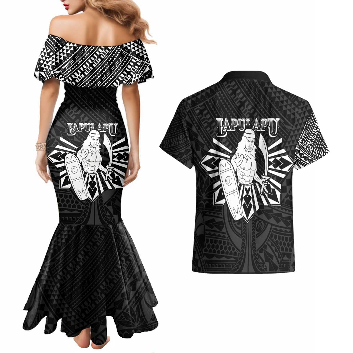 Philippines Tribal Couples Matching Mermaid Dress and Hawaiian Shirt King Lapu Lapu Black Version