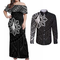 Philippines Tribal Couples Matching Off Shoulder Maxi Dress and Long Sleeve Button Shirt King Lapu Lapu Black Version