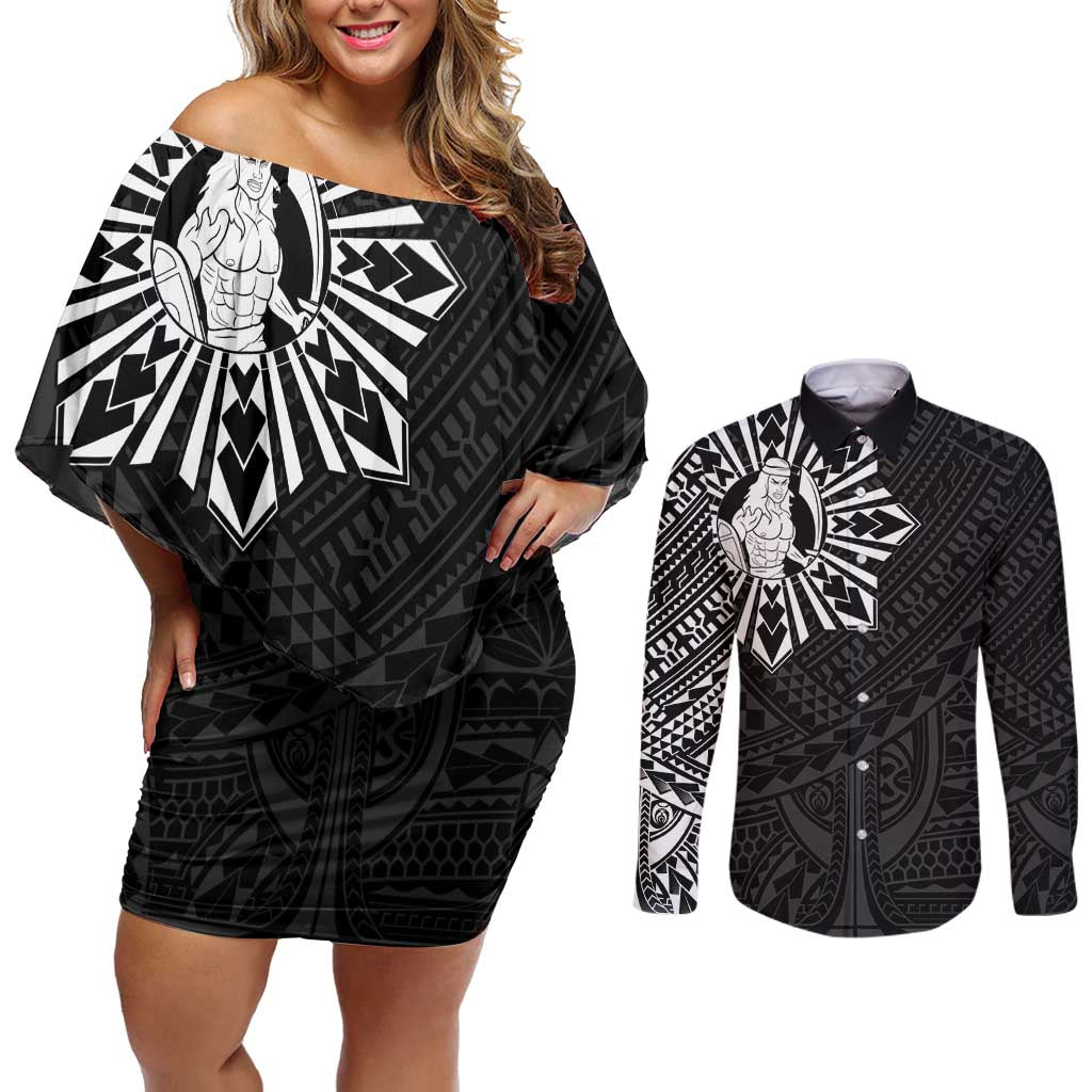 Philippines Tribal Couples Matching Off Shoulder Short Dress and Long Sleeve Button Shirt King Lapu Lapu Black Version