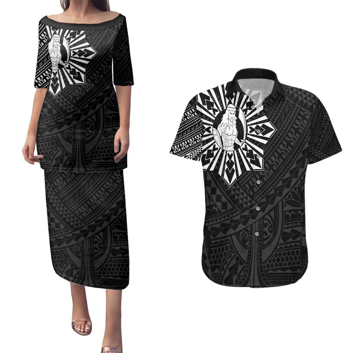 Philippines Tribal Couples Matching Puletasi and Hawaiian Shirt King Lapu Lapu Black Version