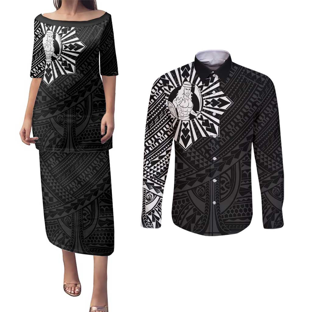 Philippines Tribal Couples Matching Puletasi and Long Sleeve Button Shirt King Lapu Lapu Black Version