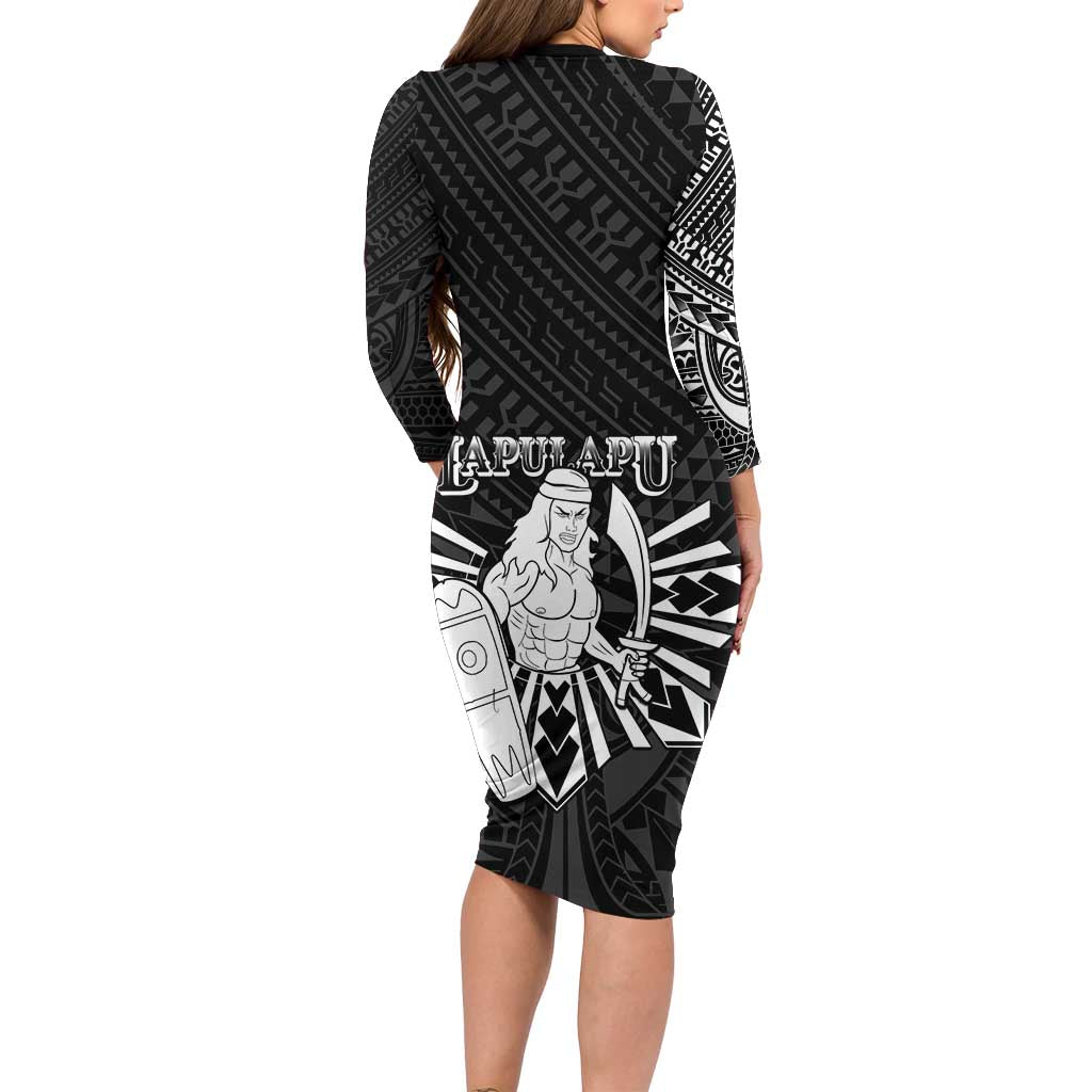 Philippines Tribal Family Matching Long Sleeve Bodycon Dress and Hawaiian Shirt King Lapu Lapu Black Version