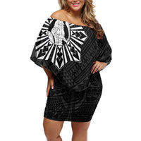 Philippines Tribal Family Matching Off Shoulder Short Dress and Hawaiian Shirt King Lapu Lapu Black Version