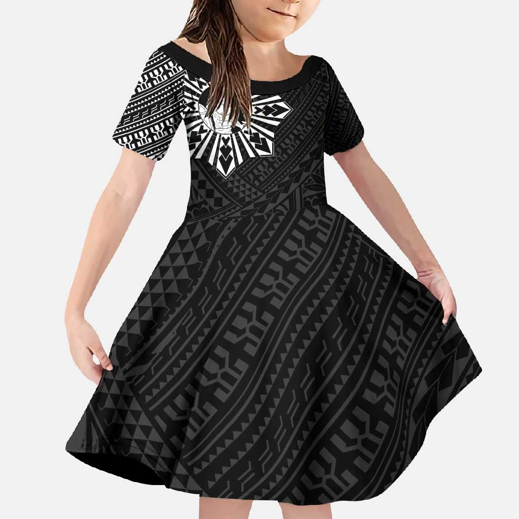 Philippines Tribal Family Matching Short Sleeve Bodycon Dress and Hawaiian Shirt King Lapu Lapu Black Version