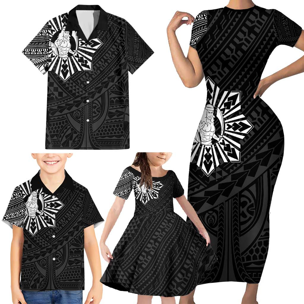 Philippines Tribal Family Matching Short Sleeve Bodycon Dress and Hawaiian Shirt King Lapu Lapu Black Version