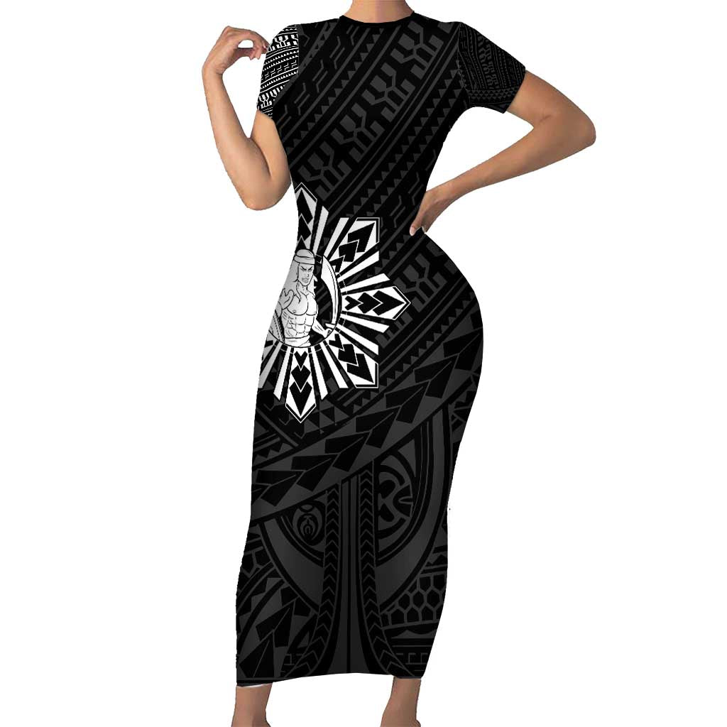 Philippines Tribal Family Matching Short Sleeve Bodycon Dress and Hawaiian Shirt King Lapu Lapu Black Version