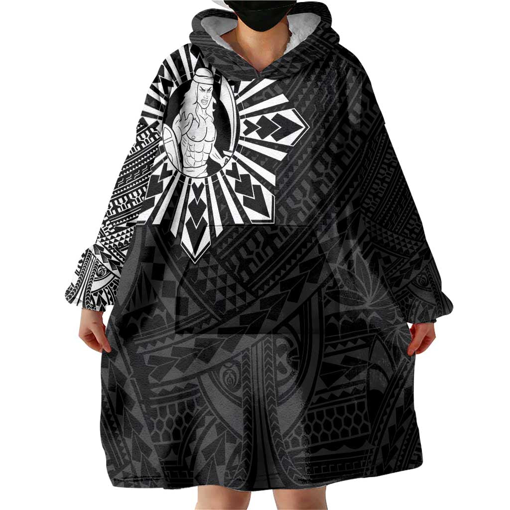 Philippines Tribal Wearable Blanket Hoodie King Lapu Lapu Black Version