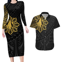 Philippines Tribal Couples Matching Long Sleeve Bodycon Dress and Hawaiian Shirt King Lapu Lapu Gold Version