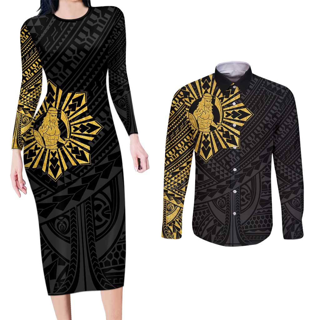Philippines Tribal Couples Matching Long Sleeve Bodycon Dress and Long Sleeve Button Shirt King Lapu Lapu Gold Version