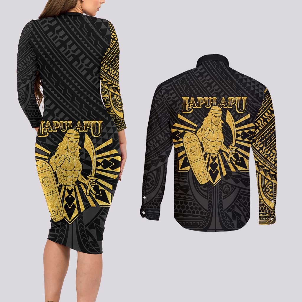 Philippines Tribal Couples Matching Long Sleeve Bodycon Dress and Long Sleeve Button Shirt King Lapu Lapu Gold Version