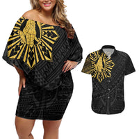 Philippines Tribal Couples Matching Off Shoulder Short Dress and Hawaiian Shirt King Lapu Lapu Gold Version