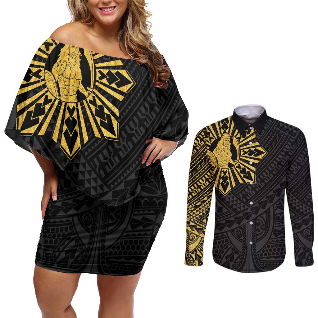 Philippines Tribal Couples Matching Off Shoulder Short Dress and Long Sleeve Button Shirt King Lapu Lapu Gold Version