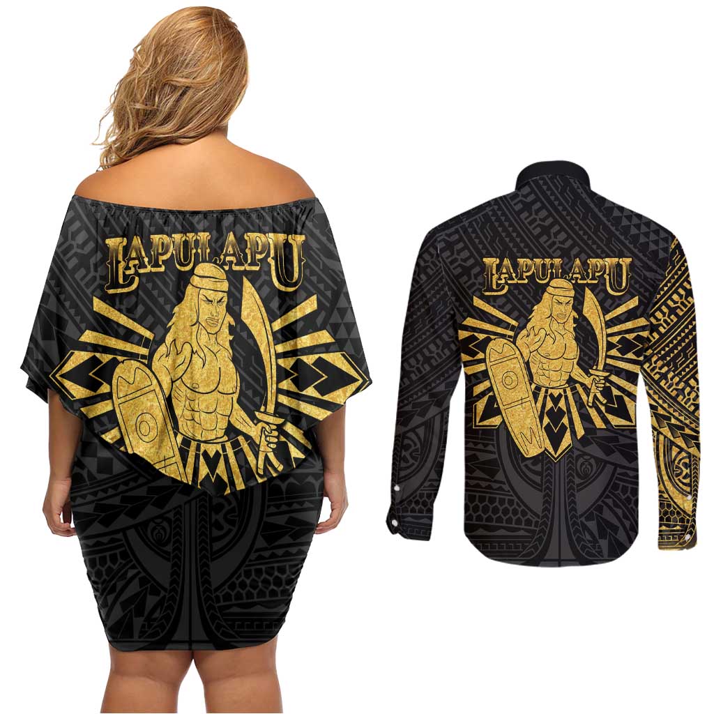 Philippines Tribal Couples Matching Off Shoulder Short Dress and Long Sleeve Button Shirt King Lapu Lapu Gold Version