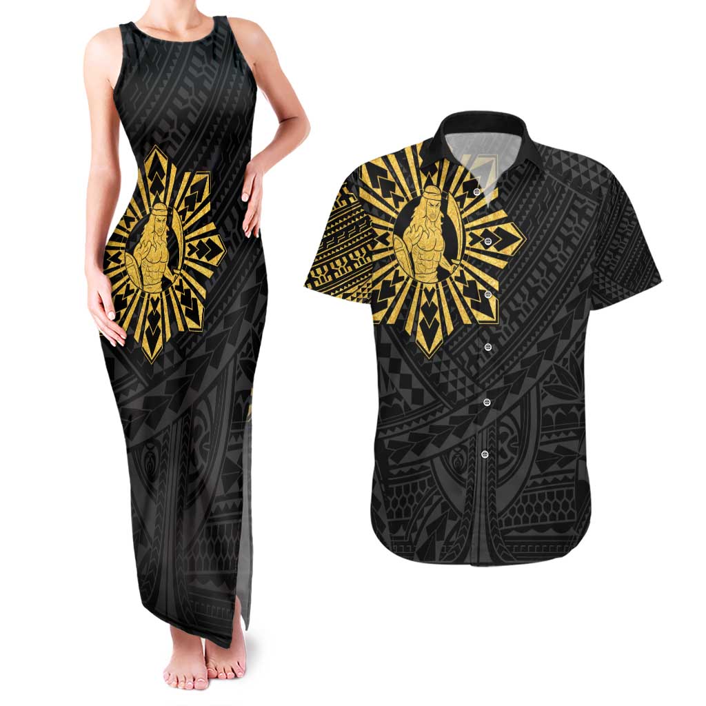Philippines Tribal Couples Matching Tank Maxi Dress and Hawaiian Shirt King Lapu Lapu Gold Version