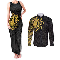 Philippines Tribal Couples Matching Tank Maxi Dress and Long Sleeve Button Shirt King Lapu Lapu Gold Version