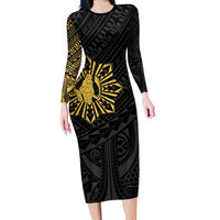 Philippines Tribal Family Matching Long Sleeve Bodycon Dress and Hawaiian Shirt King Lapu Lapu Gold Version