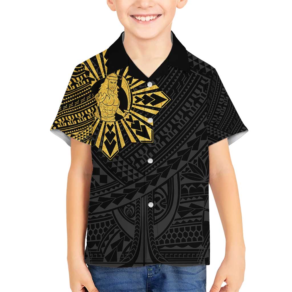 Philippines Tribal Family Matching Long Sleeve Bodycon Dress and Hawaiian Shirt King Lapu Lapu Gold Version
