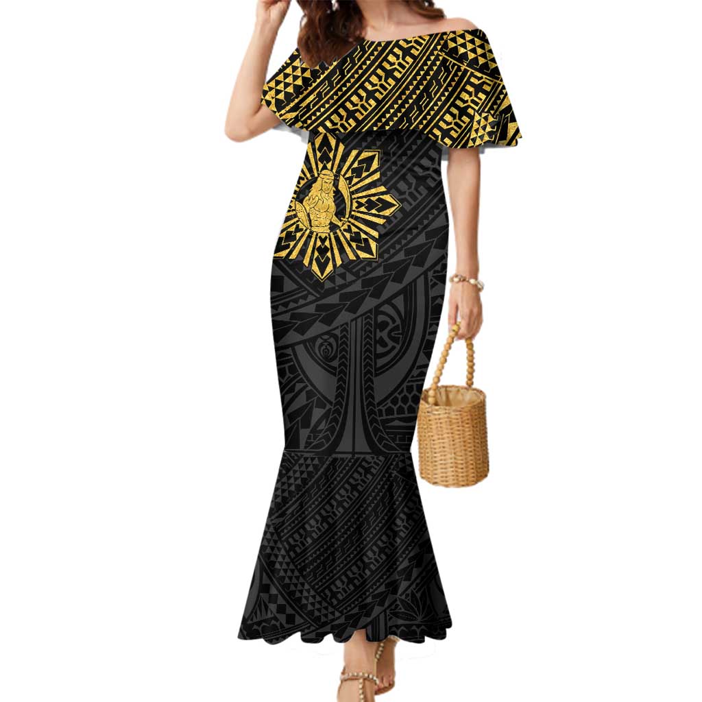 Philippines Tribal Family Matching Mermaid Dress and Hawaiian Shirt King Lapu Lapu Gold Version