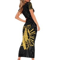Philippines Tribal Family Matching Short Sleeve Bodycon Dress and Hawaiian Shirt King Lapu Lapu Gold Version