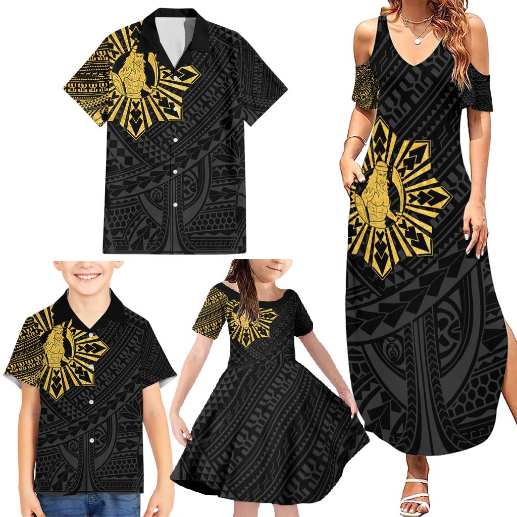 Philippines Tribal Family Matching Summer Maxi Dress and Hawaiian Shirt King Lapu Lapu Gold Version