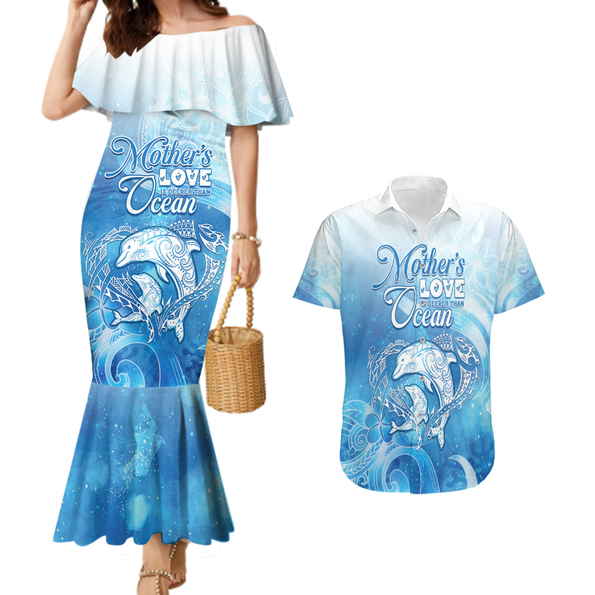 Mother's Love Is Deeper Than Ocean Couples Matching Mermaid Dress and Hawaiian Shirt Polynesian Style