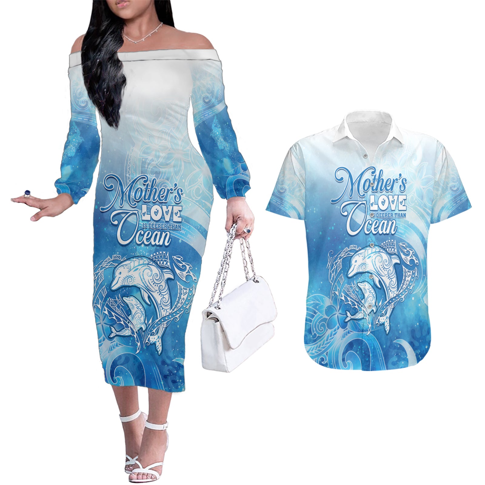 Mother's Love Is Deeper Than Ocean Couples Matching Off The Shoulder Long Sleeve Dress and Hawaiian Shirt Polynesian Style LT05 Blue - Polynesian Pride