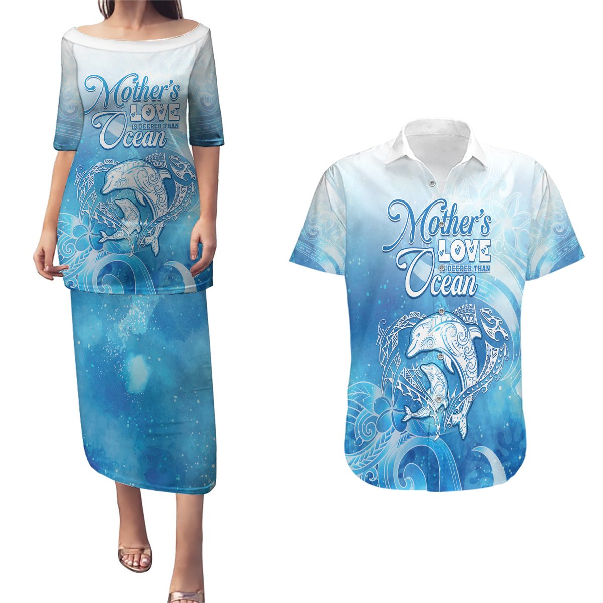 Mother's Love Is Deeper Than Ocean Couples Matching Puletasi and Hawaiian Shirt Polynesian Style LT05 Blue - Polynesian Pride
