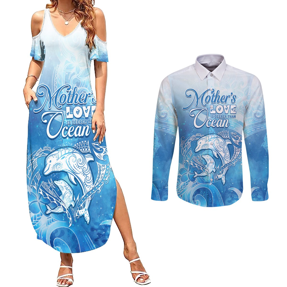Mother's Love Is Deeper Than Ocean Couples Matching Summer Maxi Dress and Long Sleeve Button Shirt Polynesian Style LT05 Blue - Polynesian Pride