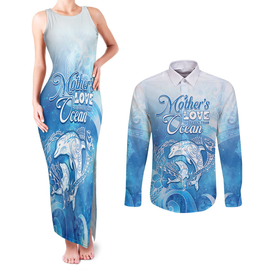 Mother's Love Is Deeper Than Ocean Couples Matching Tank Maxi Dress and Long Sleeve Button Shirt Polynesian Style LT05 Blue - Polynesian Pride